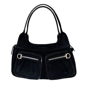 Salvatore Ferragamo Black Suede Gancini Pocket Shoulder Bag